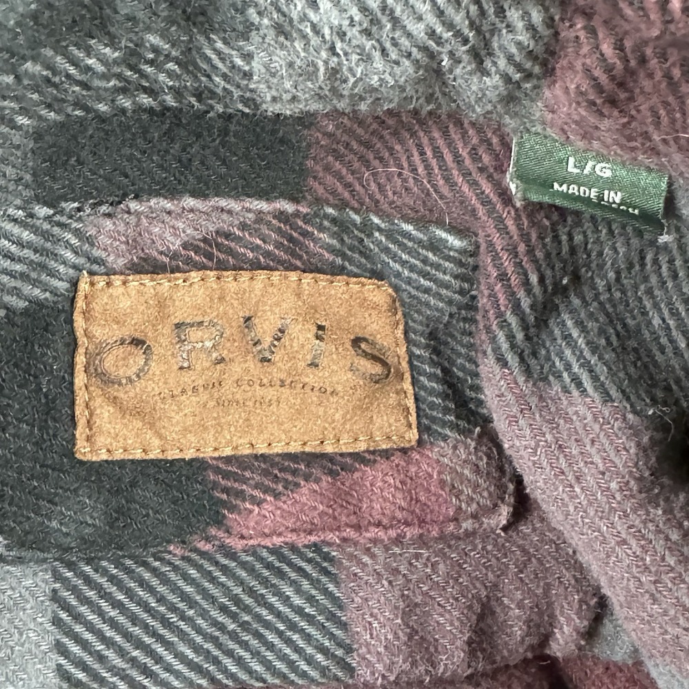 Orvis Mens L Heavyweight Flannel Side Pockets Purple Black Classic Fit - Picture 4 of 10